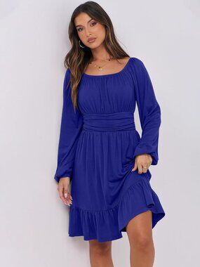 Women's Royal Blue Long Lantern Sleeve Ruffle Flowy Swing A-Line Short Dress